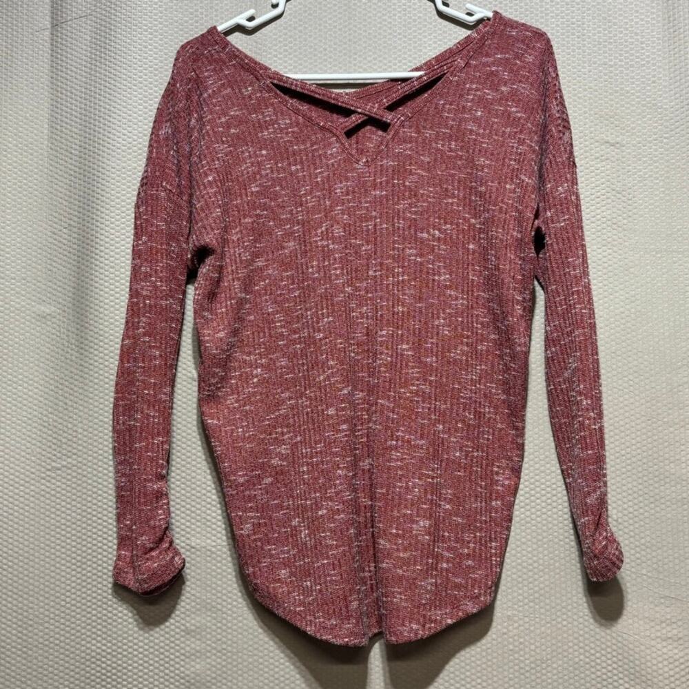 Bobbie Brooks Medium Red Maroon Shirt Tie Front Criss Cross Back 3/4 Sleeves - Picture 8 of 8